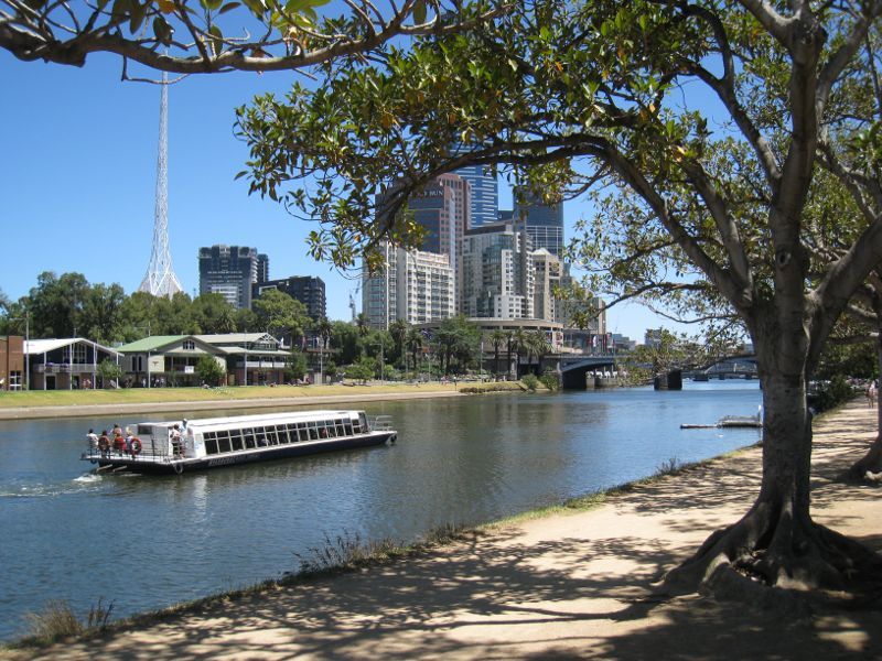 Melbourne CBD - Birrarung Marr and Yarra River: View across Yarra River towards boat sheds