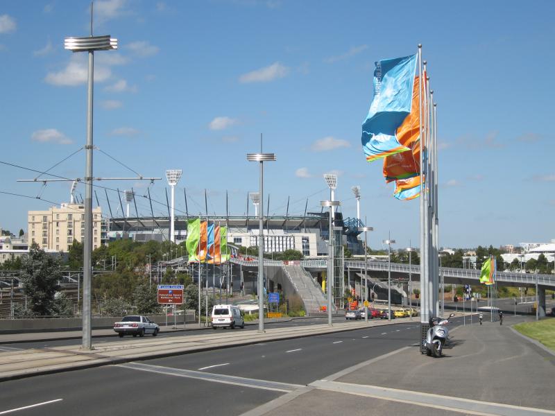 Melbourne CBD - Batman Avenue: View south-east along Batman Av towards William Barak bridge with MCG in background
