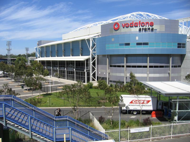 Melbourne CBD - Melbourne Park sporting venues, north side of Olympic Boulevard: View of Hisense Arena from footbridge to MCG