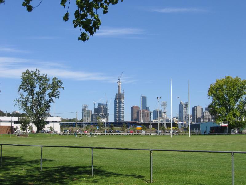 Melbourne CBD - Olympic Park sporting venues, south side of Olympic Boulevard: View west through Gosch's Paddock