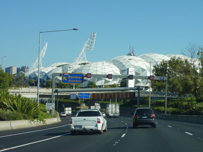 Melbourne CBD - Monash Freeway (CityLink) at Olympic Park: View west along Monash Fwy towards Batman Av exit and AAMI Park