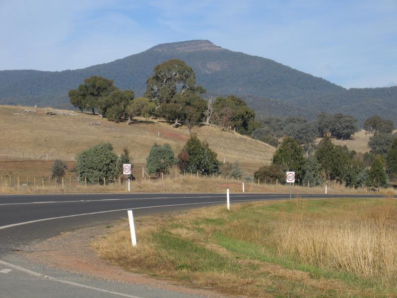 Merrijig - Town centre, Mount Buller Road: View east along Mt Buller Rd at School Lane