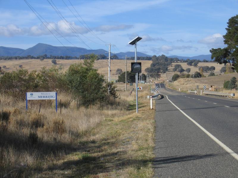 Merrijig - Views near Merrijig: Merrijig town sign, Mt Buller Rd, west side of town