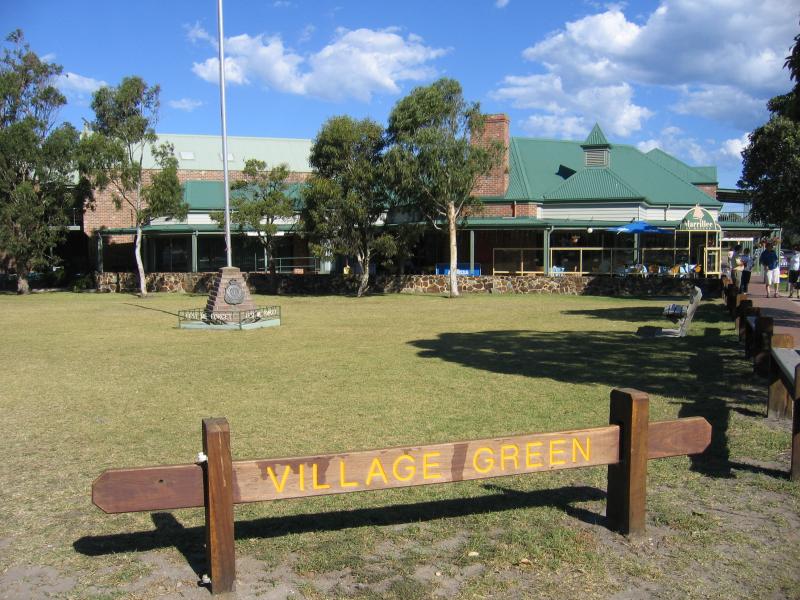 Metung - Commercial centre and shops, Metung Road: Village Green, view south along Metung Rd at Kurnai Av