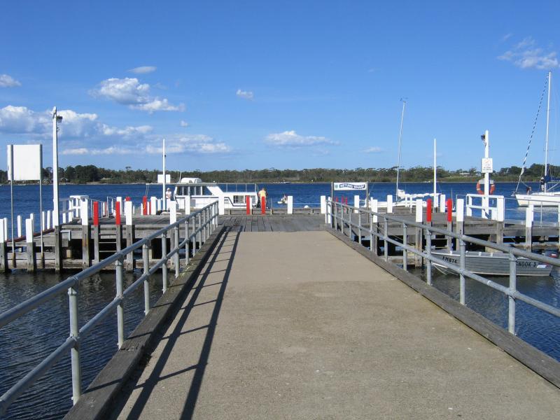 Metung - Metung Wharf and Metung Hotel, eastern end of Kurnai Avenue: View along main jetty at wharf