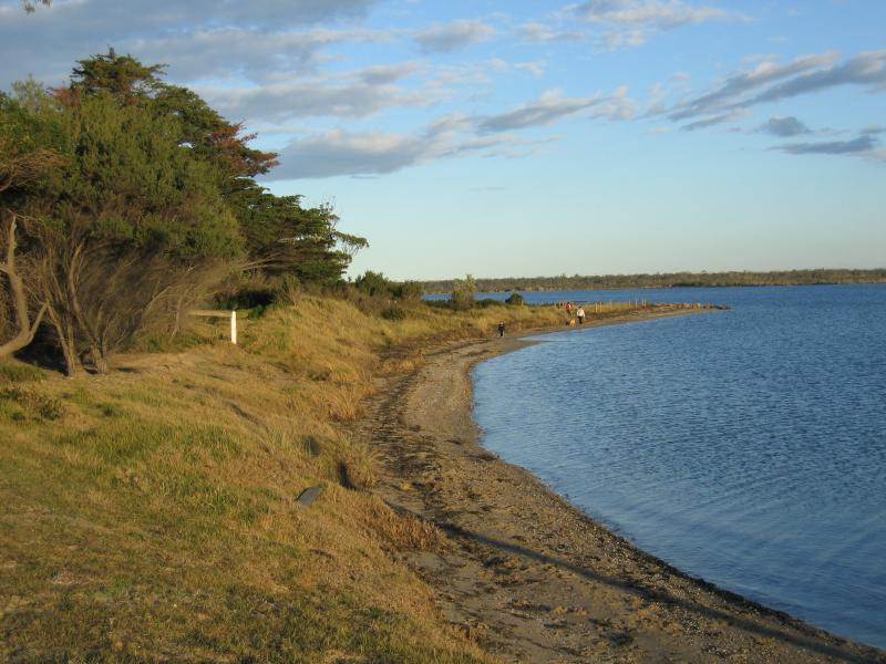 Metung - Beach and jetty, western end of Kurnai Avenue: View south-east along coast from jetty