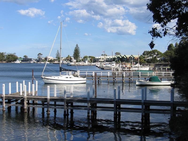 Metung - Metung Road, north of town centre: View south along coast towards town centre and wharf