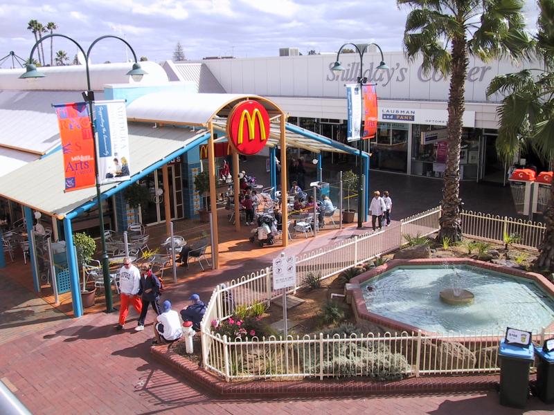 Mildura - Commercial centre and shops around Langtree Avenue: View down to McDonalds, Langtree Mall at 8th St
