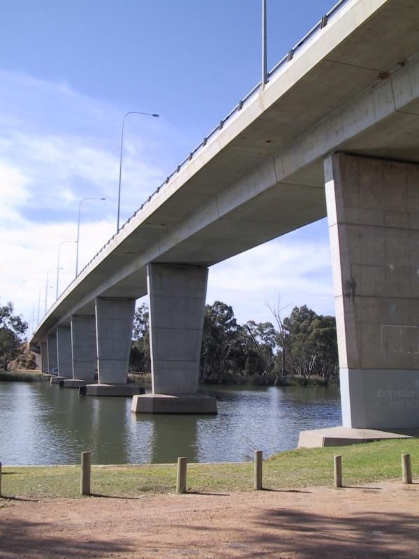 Mildura - Murray River in town: View under George Chaffey Bridge from Ornamental Lakes Park