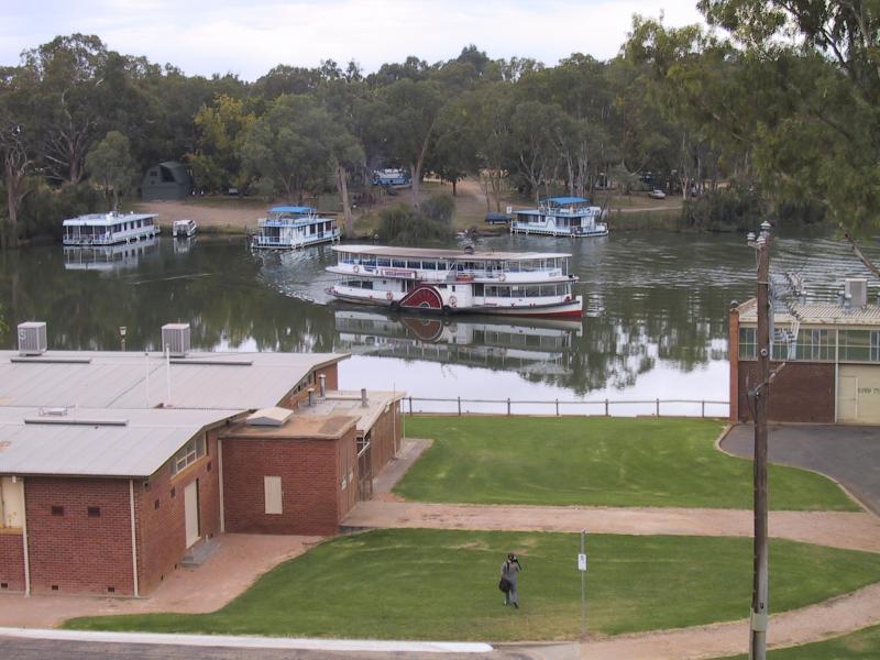 Mildura - Murray River in town: From footbridge across railway, view north across Murray River at rowing club