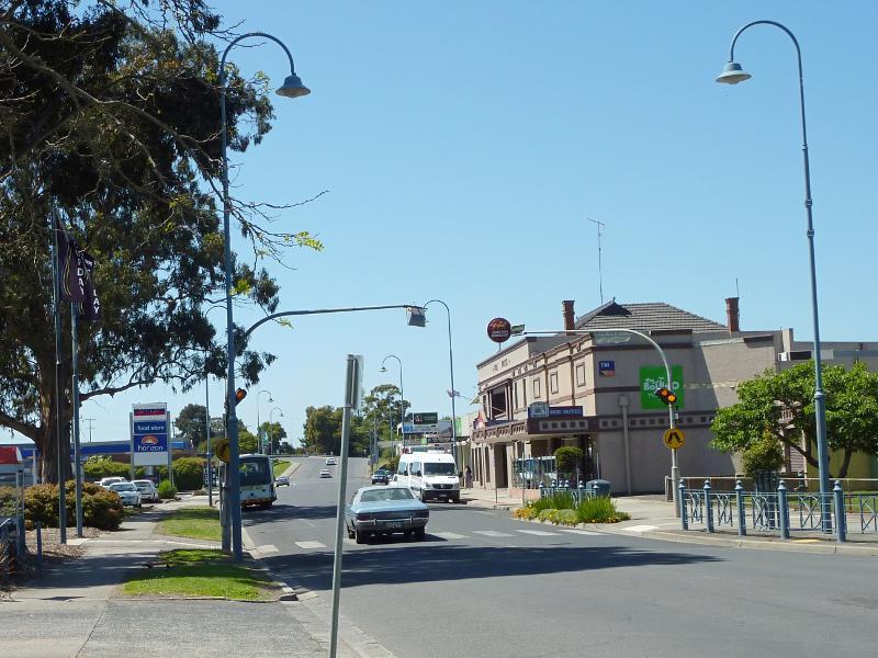 Moe - Lloyd Street near railway station: View east along Lloyd St at Fowler St towards Moe Hotel