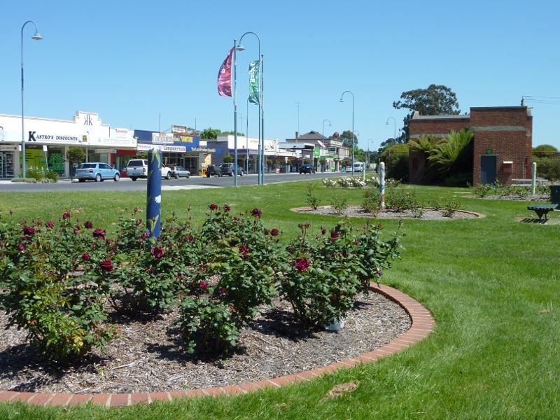 Moe - Lloyd Street near railway station: View west through rose gardens, Lloyd St near Linton Av
