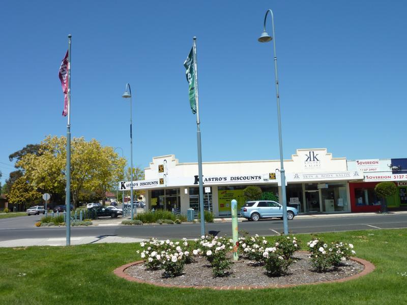 Moe - Lloyd Street near railway station: View south through rose gardens towards Lloyd St at Linton Av