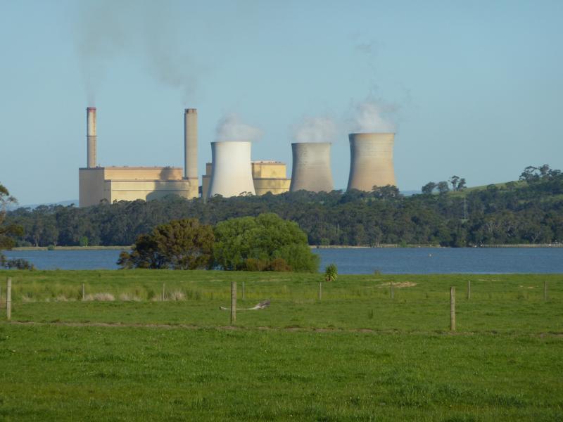 Moe - West side of Lake Narracan along Becks Bridge Road: South-easterly view across Lake Narracan towards Yallourn Power Station