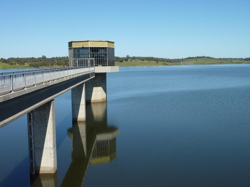 Moe - Blue Rock Lake embankment and spillway: View south-west across lake at control tower