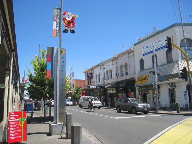 Moonee Ponds - Shops and commercial centre, Puckle Street and adjoining streets: Start of Puckle St shopping strip at Mt Alexander Rd