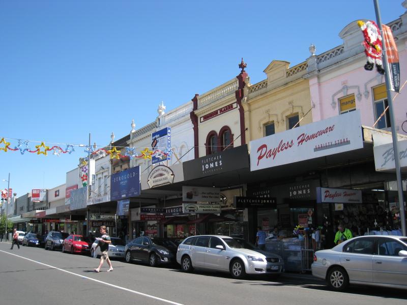 Moonee Ponds - Shops and commercial centre, Puckle Street and adjoining streets: View west along Puckle St between Mt Alexander Rd and Pratt St