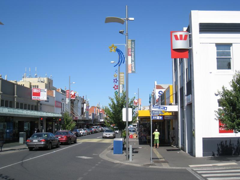 Moonee Ponds - Shops and commercial centre, Puckle Street and adjoining streets - View east along Puckle St at Pratt St