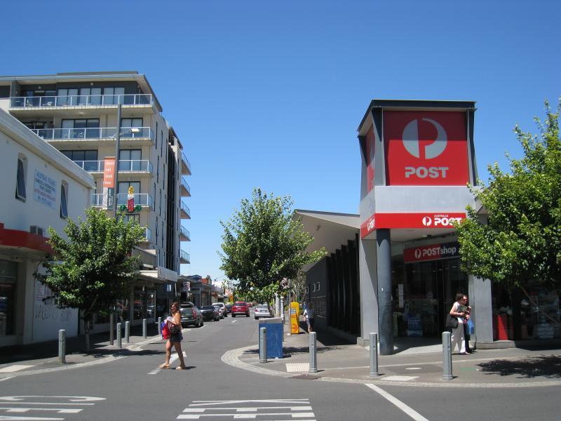Moonee Ponds - Shops and commercial centre, Puckle Street and adjoining streets - Post office, view south along Shuter St at Puckle St