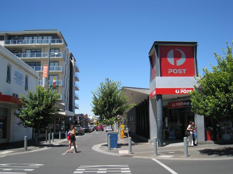 Moonee Ponds - Shops and commercial centre, Puckle Street and adjoining streets: Post office, view south along Shuter St at Puckle St