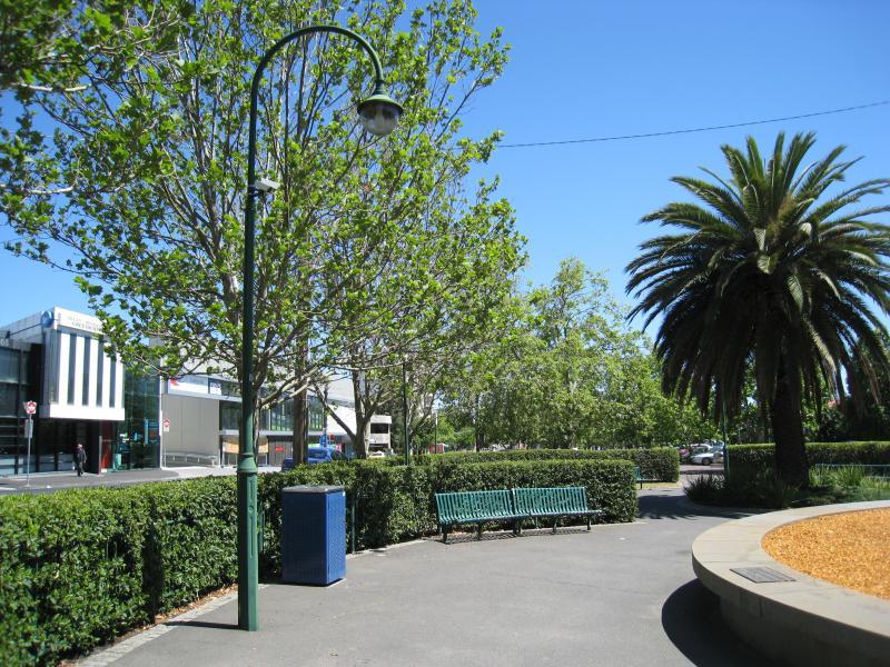 Moonee Ponds - Mount Alexander Road: View north-west along Mt Alexander Rd from gardens in centre opposite Clocktower Centre