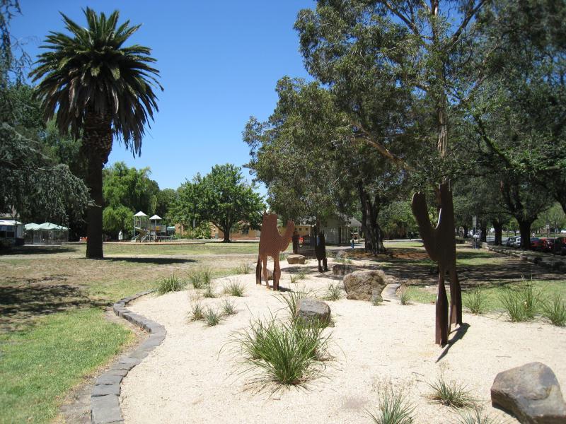 Moonee Ponds - Queens Park: Sandy garden with camels near corner of Mt Alexander Rd and The Strand