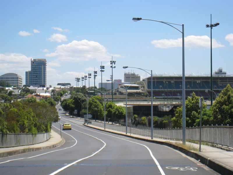 Moonee Ponds - Moonee Valley Racecourse: View west along Dean St along racecourse boundary towards grandstand