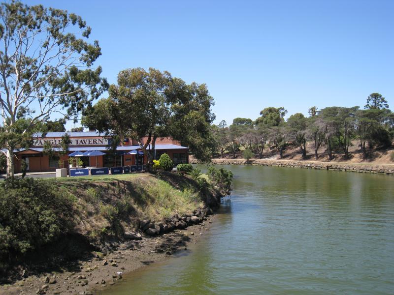 Moonee Ponds - Maribyrnong River at bridge on Maribyrnong Road: View north-east along river towards Anglers Tavern