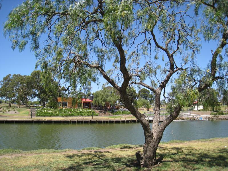Moonee Ponds - West bank of Maribyrnong River, north of Maribyrnong Road: View east across river towards Boathouse Cafe
