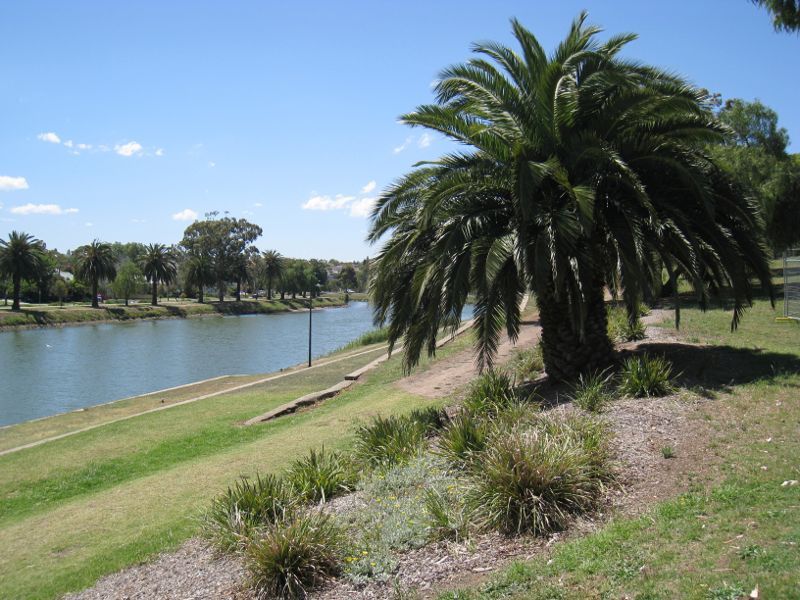 Moonee Ponds - Parkland along east bank of Maribyrnong River, north of Maribyrnong Road: View north along river, north of Boathouse Cafe