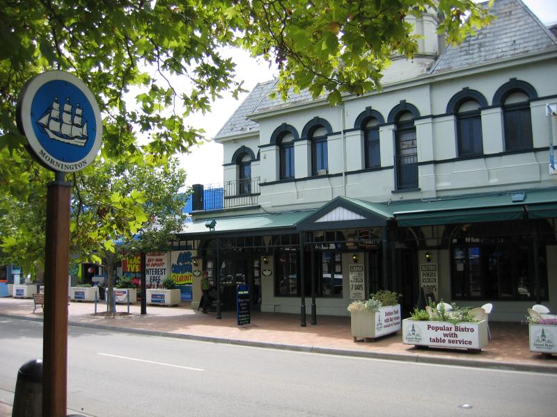 Mornington - Commercial centre and shops, Main Street: View north-west along Main St at Grand Hotel