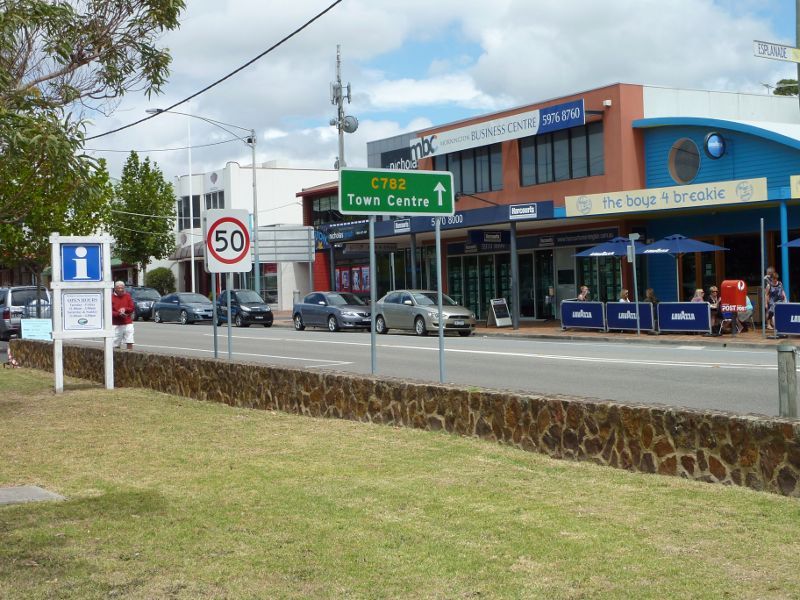 Mornington - Commercial centre and shops, Main Street: View south-east along Main St near Esplanade