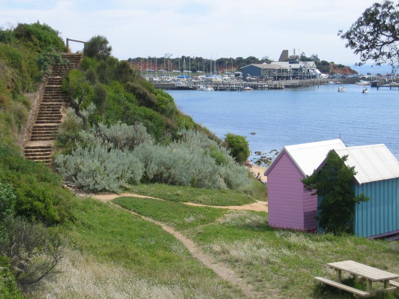 Mornington - Shire Hall Beach and Scout Beach: Bathing boxes, view to Schnapper Point from Scout Beach