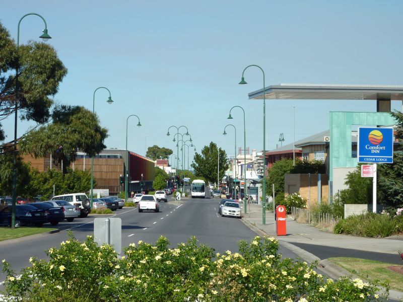 Morwell - Shops and commercial centre, Commercial Road, Tarwin Street and George Street - View east along Commercial Rd at Maryvale Cr
