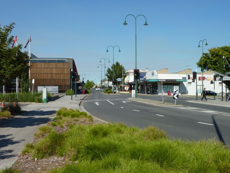 Morwell - Shops and commercial centre, Commercial Road, Tarwin Street and George Street: View east along Commercial Rd towards Hazelwood Rd