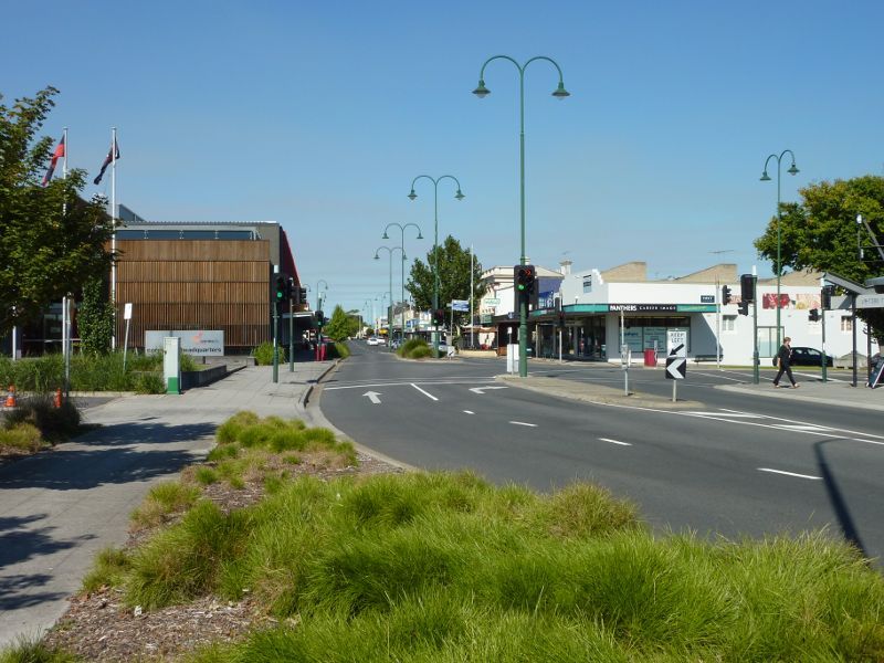 Morwell - Shops and commercial centre, Commercial Road, Tarwin Street and George Street - View east along Commercial Rd towards Hazelwood Rd