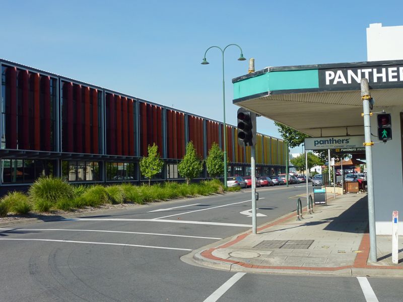 Morwell - Shops and commercial centre, Commercial Road, Tarwin Street and George Street - View east along Commercial Rd at Hazelwood Rd towards Latrobe City Corporate Headquarters