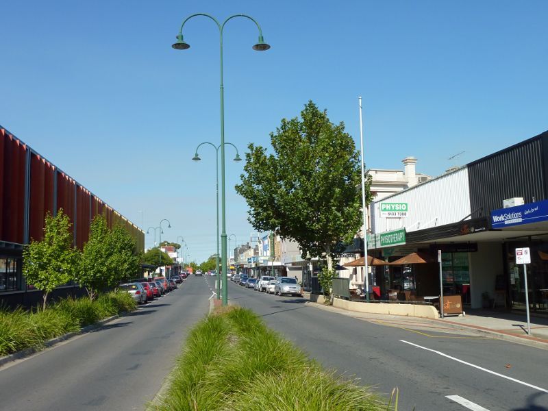 Morwell - Shops and commercial centre, Commercial Road, Tarwin Street and George Street: View east along Commercial Rd east of Hazelwood Rd