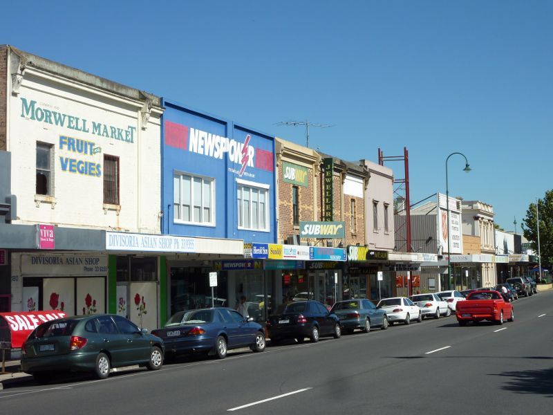 Morwell - Shops and commercial centre, Commercial Road, Tarwin Street and George Street: Southern side of Commercial Rd between Hazelwood Rd and Tarwin St