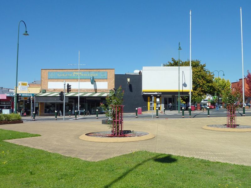 Morwell - Shops and commercial centre, Commercial Road, Tarwin Street and George Street: Southerly view through Legacy Place towards Commercial Rd