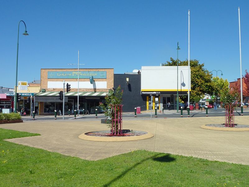 Morwell - Shops and commercial centre, Commercial Road, Tarwin Street and George Street - Southerly view through Legacy Place towards Commercial Rd