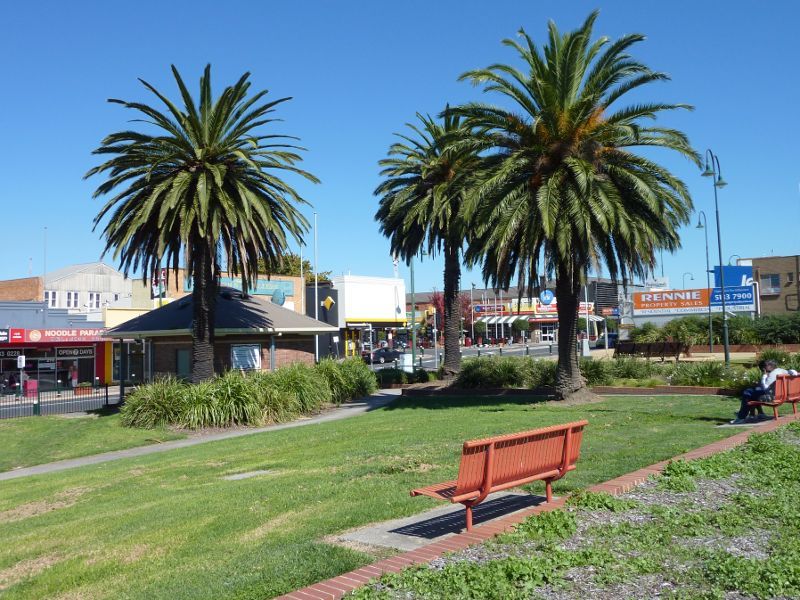 Morwell - Shops and commercial centre, Commercial Road, Tarwin Street and George Street - Westerly view through gardens between bus terminal and Legacy Place