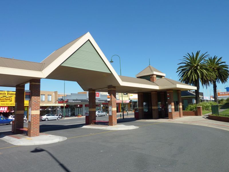 Morwell - Shops and commercial centre, Commercial Road, Tarwin Street and George Street: Southerly view at bus terminal towards Commercial Rd