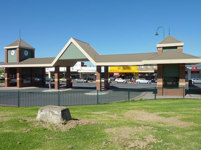 Morwell - Shops and commercial centre, Commercial Road, Tarwin Street and George Street: Southerly view at bus terminal towards Commercial Rd