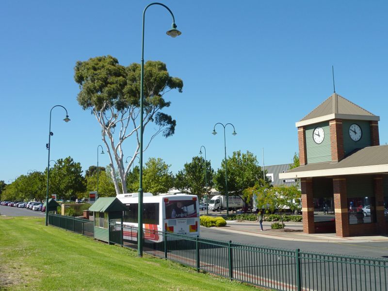 Morwell - Shops and commercial centre, Commercial Road, Tarwin Street and George Street: Easterly view through park behind bus terminal