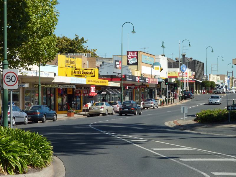 Morwell - Shops and commercial centre, Commercial Road, Tarwin Street and George Street: View west along Commercial Rd towards Tarwin St