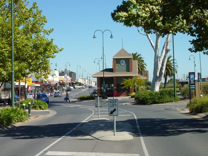 Morwell - Shops and commercial centre, Commercial Road, Tarwin Street and George Street - View west along Commercial Rd towards bus terminal