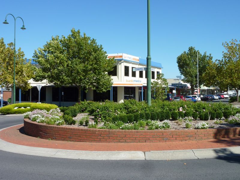 Morwell - Shops and commercial centre, Commercial Road, Tarwin Street and George Street - View west along Commercial Rd at Chapel St