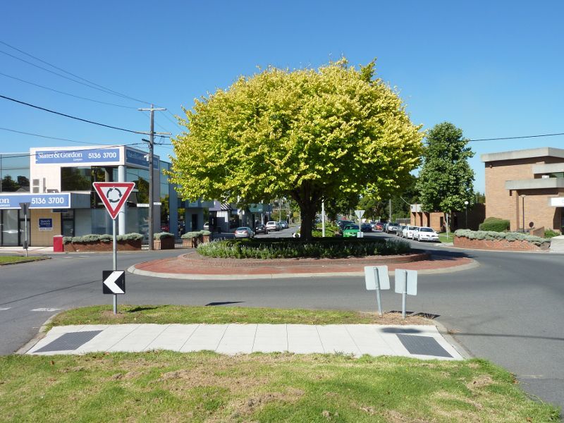 Morwell - Shops and commercial centre, Commercial Road, Tarwin Street and George Street: View south along Hazelwood Rd towards George St