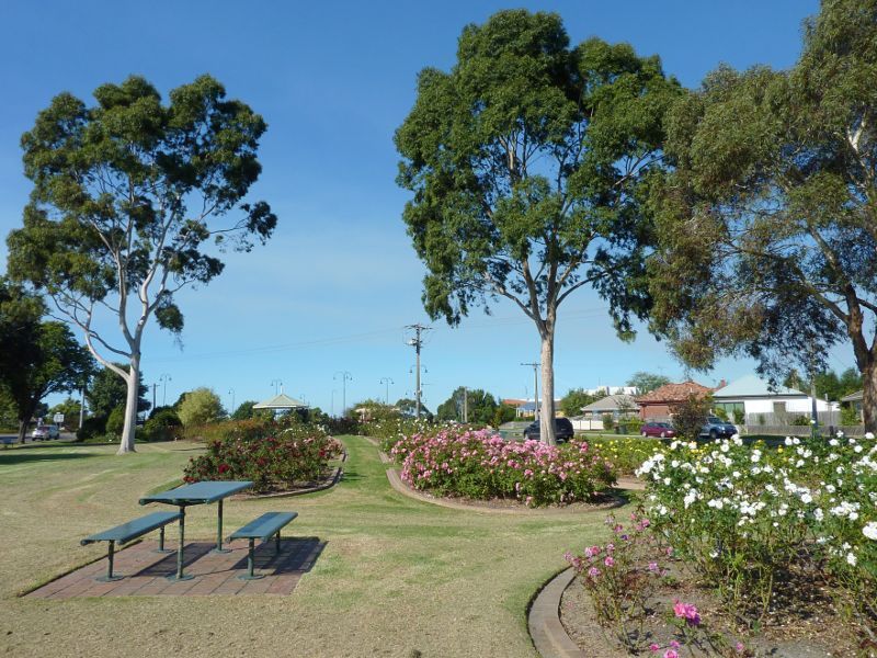 Morwell - Morwell Centenary Rose Garden, Maryvale Crescent and Commercial Road - North-easterly view through rose garden between Avondale Rd and Maryvale Cr